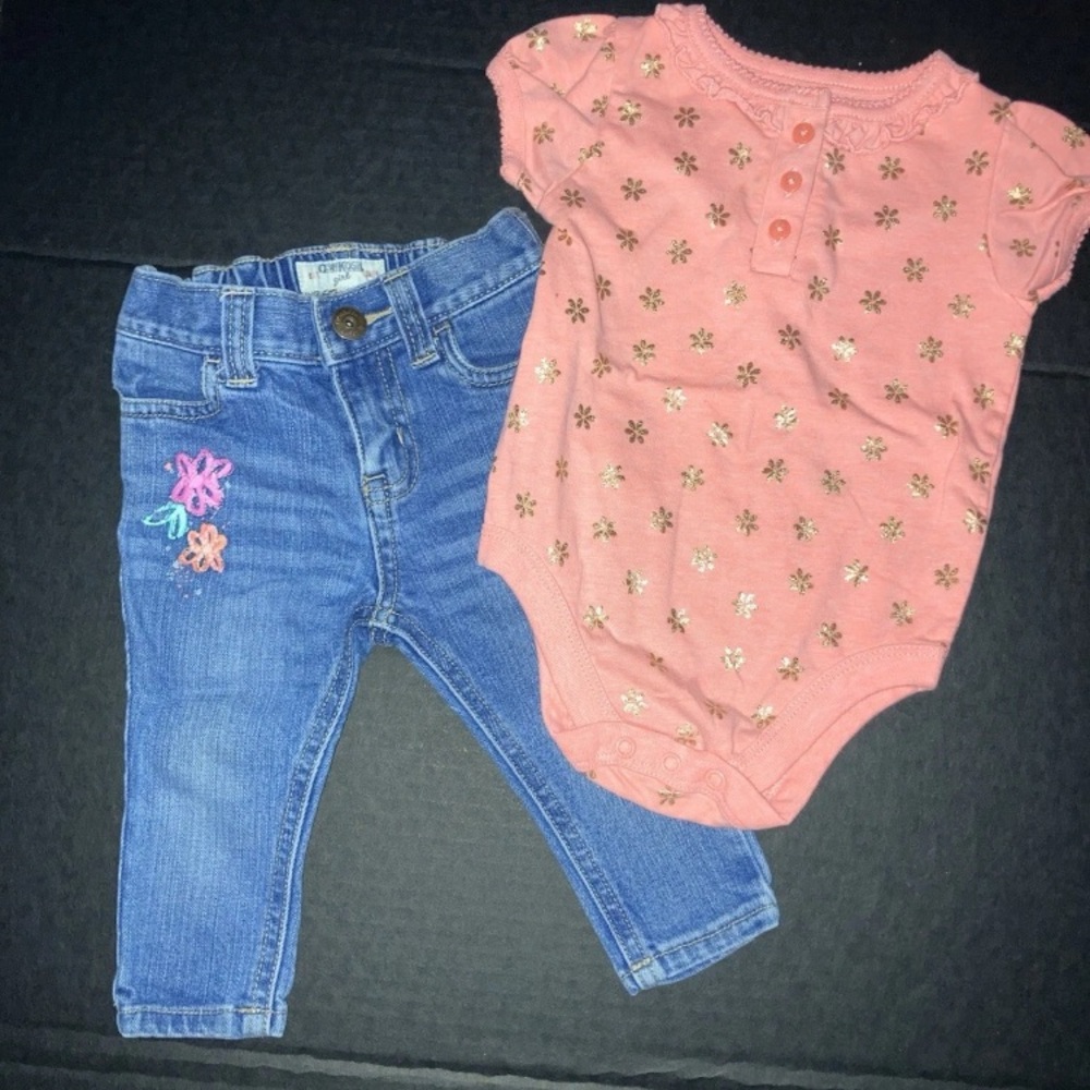 Garanimals Peach Pink Baby Top with Gold Flower Accent and jeans